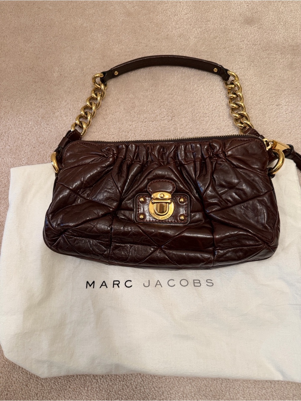 Marc Jacobs Dark Brown Quilted Leather Shoulder Bag with Gold Hardware